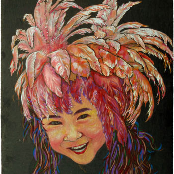 Peinture intitulée "Fille Flamant Rose" par Ya-Hui Delpech, Œuvre d'art originale, Acrylique