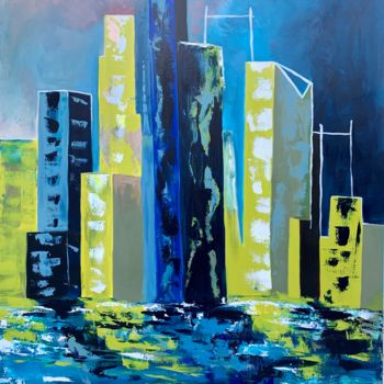 Painting titled "NEW YELLOW YORK" by Frédérique Daudenet, Original Artwork, Acrylic Mounted on Wood Stretcher frame