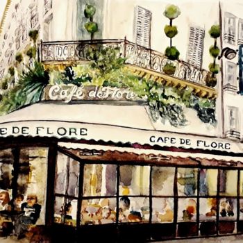 Painting titled "Café de Flore" by Freeneuron, Original Artwork, Watercolor