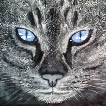 Painting titled "chat gris" by Frederique Reffet, Original Artwork, Oil