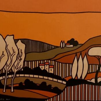 Painting titled "Village automnal" by Freneix Roger, Original Artwork, Acrylic Mounted on Wood Stretcher frame
