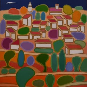Painting titled "Village ensoleillé" by Freneix Roger, Original Artwork, Acrylic Mounted on Wood Stretcher frame