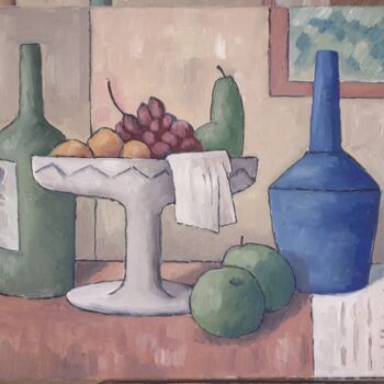 Painting titled "Mesa con frutero" by Fresno, Original Artwork, Oil Mounted on Wood Stretcher frame
