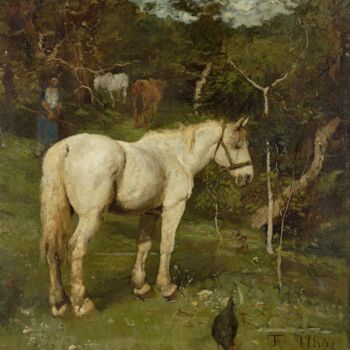Pintura titulada "Un cheval blanc" por Fritz Von Uhde, Obra de arte original, Oleo