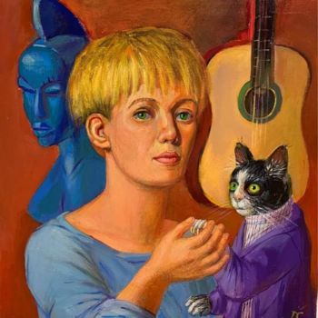 Painting titled "Portrait with cat" by Dagnia Cherevichnik, Original Artwork, Acrylic