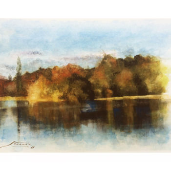 Painting titled "Autumn Lake" by F. Stevaux, Original Artwork, Watercolor