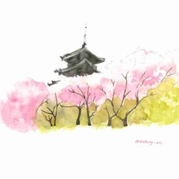 Painting titled "Sakura in Kyoto" by Hui Ching Hsu, Original Artwork, Watercolor