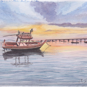 Painting titled "Sampang au coucher…" by Guillaume Flouriot, Original Artwork, Watercolor