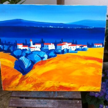 Painting titled "village-bleu-montag…" by G Touiresse (mattheys), Original Artwork
