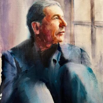 Malerei mit dem Titel "Leonard Cohen" von Gabriel Andrei, Original-Kunstwerk, Aquarell