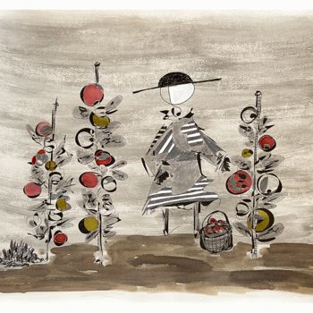 Dessin intitulée "le champ de tomates" par Tomé, Œuvre d'art originale, Encre