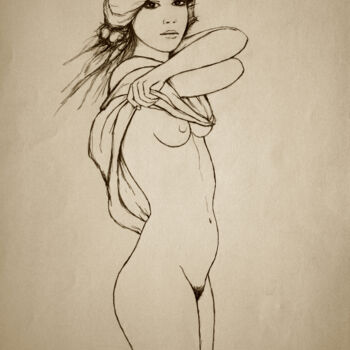 「Quand elle se désha…」というタイトルの描画 Gabriel Cotelleによって, オリジナルのアートワーク, 鉛筆 その他の剛性パネルにマウント