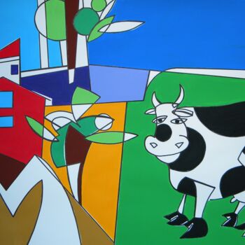 Painting titled "Paysage avec la vac…" by Gabriele Donelli, Original Artwork, Acrylic