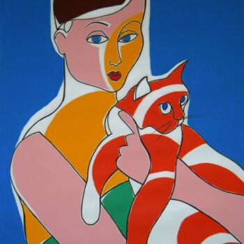 Painting titled "Fille avec chat" by Gabriele Donelli, Original Artwork, Acrylic