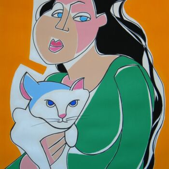 Pittura intitolato "Girl with cat" da Gabriele Donelli, Opera d'arte originale, Acrilico