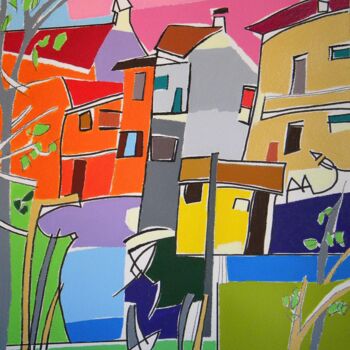 Painting titled "Maisons au bord de…" by Gabriele Donelli, Original Artwork, Acrylic