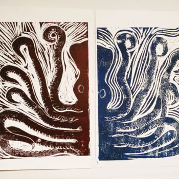 Gravures & estampes intitulée "octopus" par Gabriele Gerini, Œuvre d'art originale, Linogravures