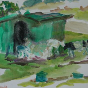 Pintura intitulada "Their green house" por Gabriëlla Cleuren, Obras de arte originais, Aquarela