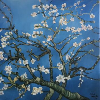 Painting titled "Blossoming Almond T…" by Gabriella Molnár, Original Artwork, Oil Mounted on Wood Stretcher frame
