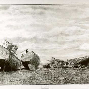 제목이 "Cimetière de bateau…"인 그림 Gaby Bourlier로, 원작, 흑연 목재 패널에 장착됨