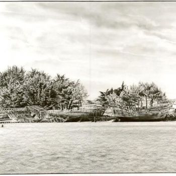 Dessin intitulée "Cimetière de bateau…" par Gaby Bourlier, Œuvre d'art originale, Graphite Monté sur Panneau de bois