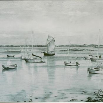 Σχέδιο με τίτλο "Le port s'éveille" από Gaby Bourlier, Αυθεντικά έργα τέχνης, Γραφίτης Τοποθετήθηκε στο Ξύλινο πάνελ