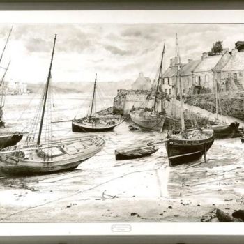 Dessin intitulée "Vieux port à marée…" par Gaby Bourlier, Œuvre d'art originale, Graphite Monté sur Panneau de bois