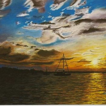 Disegno intitolato "L'Aurore sur le port" da Gaby Bourlier, Opera d'arte originale, Pastello Montato su Pannello di legno