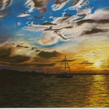 Dibujo titulada "L'Aurore sur le port" por Gaby Bourlier, Obra de arte original, Pastel Montado en Panel de madera