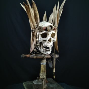 Sculpture titled "Papuan Skull N°2" by Igor Gadreaud (Gad the Brand), Original Artwork, Bone