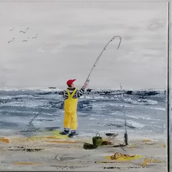 Painting titled "Une journée de pêch…" by Galou, Original Artwork, Acrylic Mounted on Wood Stretcher frame