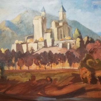 Painting titled "Churche of Georgia" by Elmars Gaigalnieks, Original Artwork, Oil Mounted on Wood Stretcher frame