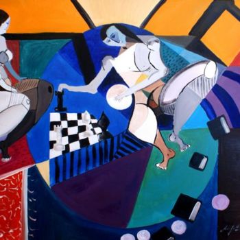 Painting titled "chess" by Jean-Louis Gaillard, Original Artwork, Oil Mounted on Wood Stretcher frame