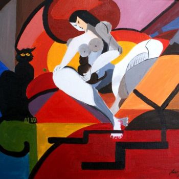 Pintura titulada "la dame aux félins" por Jean-Louis Gaillard, Obra de arte original, Oleo Montado en Bastidor de camilla de…