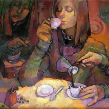 Painting titled "Вечерний кофе" by Gala Sorokhan, Original Artwork, Oil