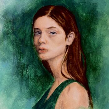 Painting titled "Green portrait" by Galah Viviana, Original Artwork, Oil Mounted on Wood Stretcher frame