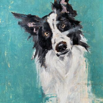 Painting titled "Collie" by Galah Viviana, Original Artwork, Oil Mounted on Wood Panel