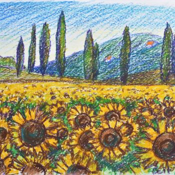 Disegno intitolato "Field with sunflowe…" da Galina Zulkarniaeva, Opera d'arte originale, Pastello Montato su Pannello di le…