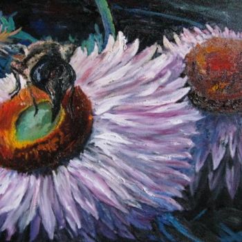Malerei mit dem Titel "Bee on an immortele" von Natalia Timashova, Original-Kunstwerk