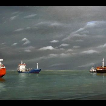 Peinture intitulée "Attente en estuaire…" par Didier Derre, Œuvre d'art originale, Huile