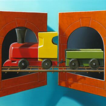 Painting titled "« Train insolite n°…" by Galerie De  Parrhasios, Original Artwork, Oil Mounted on Wood Stretcher frame