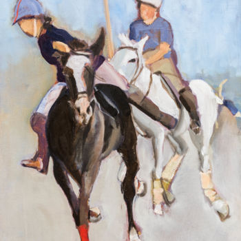 Painting titled "Deux joueurs de polo" by Anne Mathieu, Original Artwork, Oil Mounted on Wood Stretcher frame