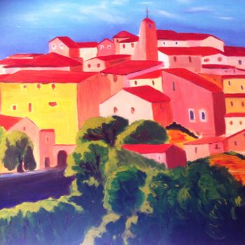 Painting titled "Le village rouge" by Arlette Flécher, Original Artwork, Oil