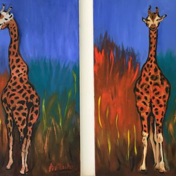 Painting titled "Les girafes" by Arlette Flécher, Original Artwork, Oil