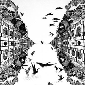 Dessin intitulée "Ville aux oiseaux" par Jean Kerinvel, Œuvre d'art originale, Autre