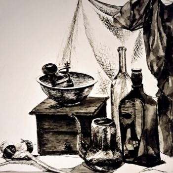 Drawing titled "Натюрморт с кофемол…" by Galina Gonharova, Original Artwork, Ink