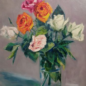 Картина под названием "Bouquet of roses" - Galina Grygoruk, Подлинное произведение искусства, Масло Установлен на Деревянная…