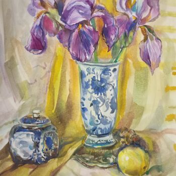 Peinture intitulée "Still life.Irises i…" par Galina Hannemann, Œuvre d'art originale, Aquarelle