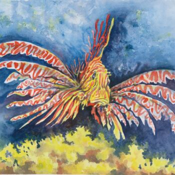 Malerei mit dem Titel "Lion-fish in the co…" von Galina Kandabaeva, Original-Kunstwerk, Aquarell