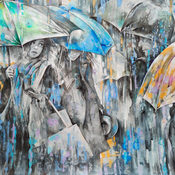 Pittura intitolato "Rainy love mood" da Galina Kondrashova, Opera d'arte originale, Carbone